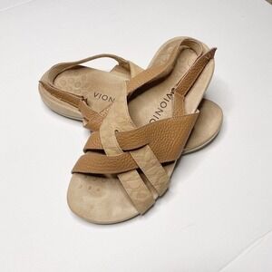 Vionic Womens Sz 8 Wide Eira Beige Tan Leather Hook And Loop Slingback S…
